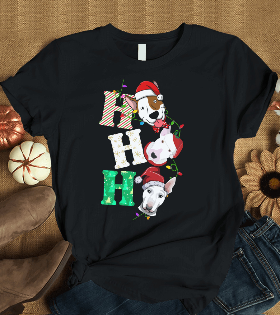 Ho Ho Ho Bullterrier Christmas Santa Hats T-Shirt