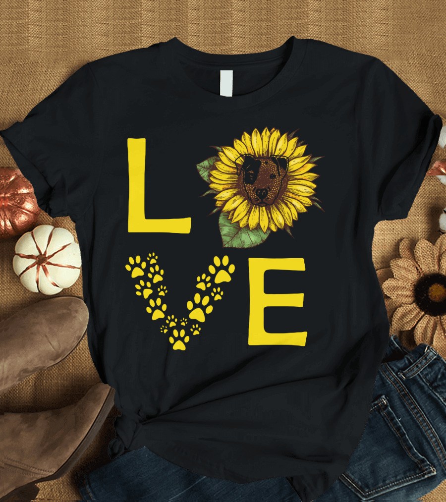 Love Bullterrier Sunflower Paw Prints T-Shirt