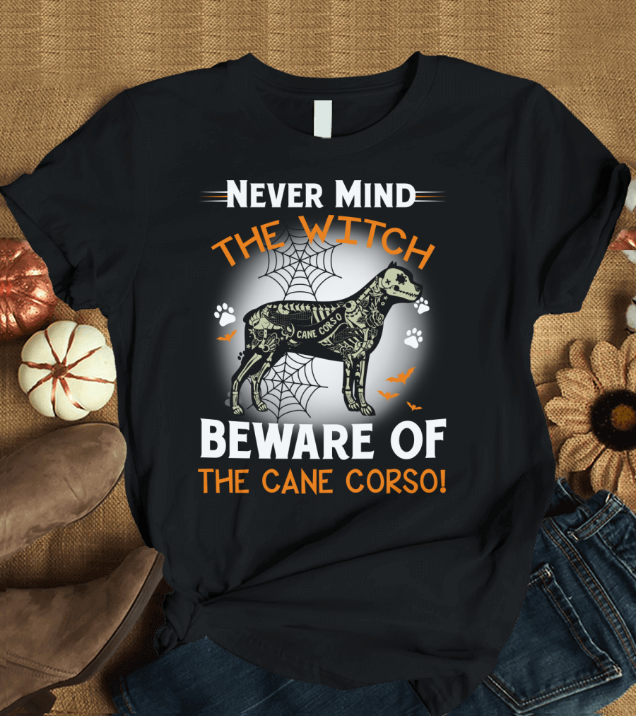 Never Mind The Witch Beware Of The Cane Corso Halloween Dog Spiderwebs Bats Paw Prints T-Shirt