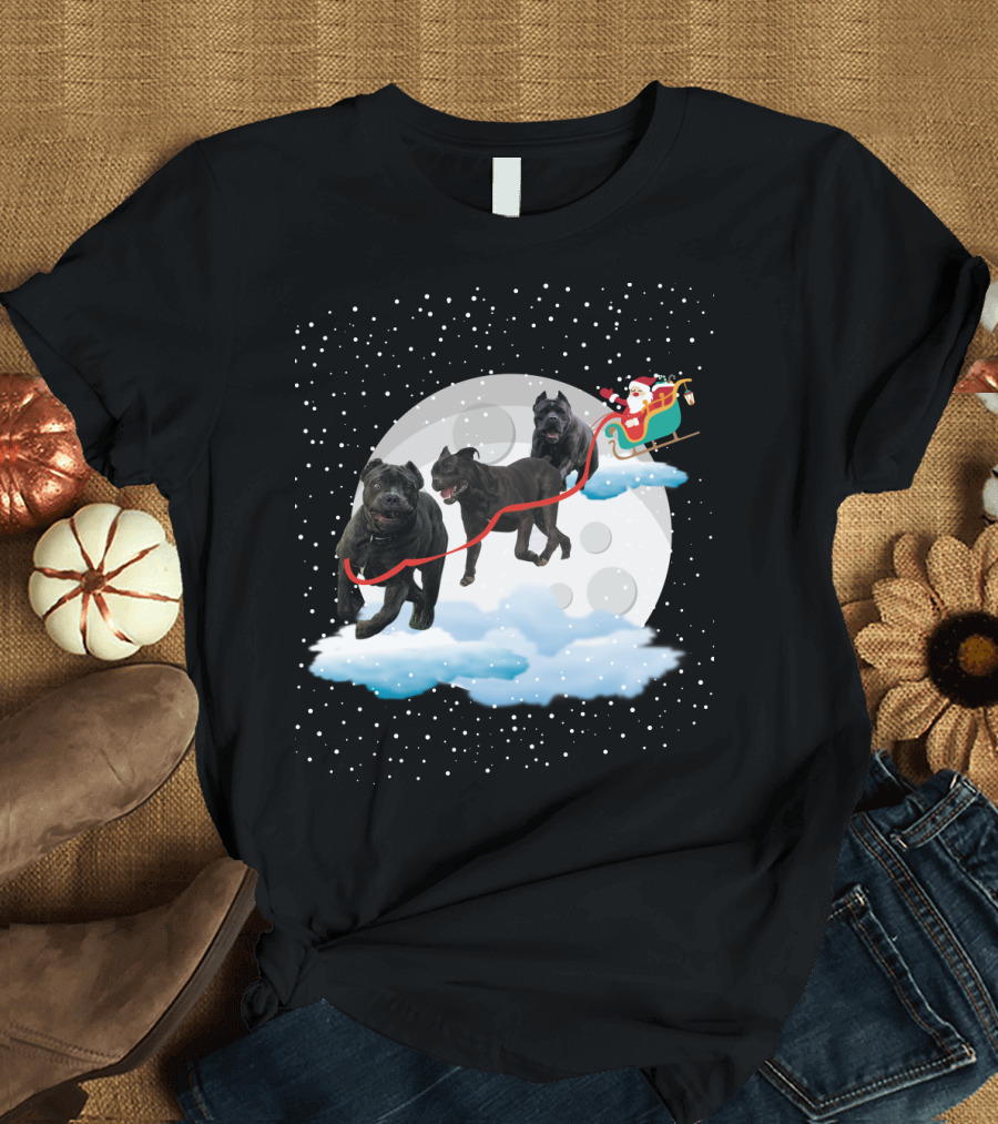 Santa Rides Cane Corso Sleigh with Full Moon and Snowflakes T-Shirt