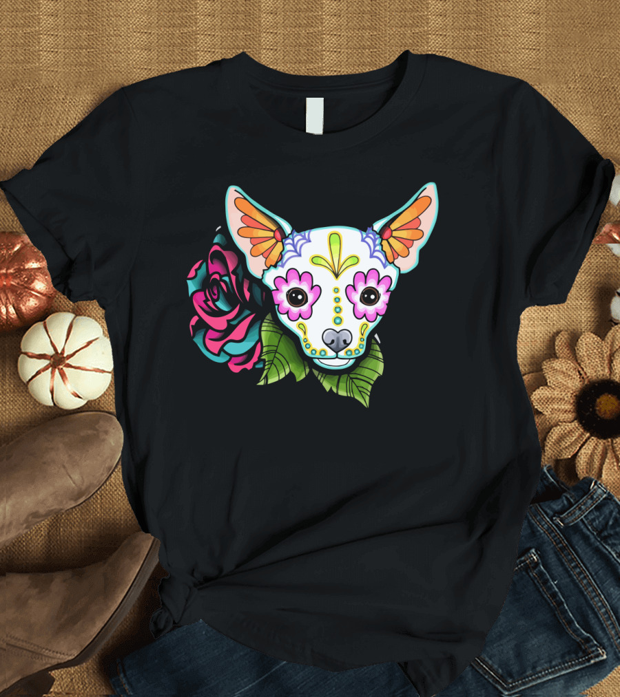 Dead Chihuahua Neon Sugar Skull Rose T-Shirt