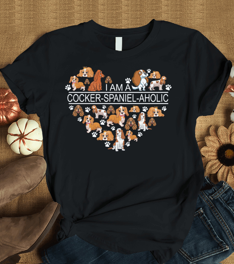 I Am A Cocker Spaniel Aholic Heart with Dog Paw Prints and Cartoon Cocker Spaniels T-Shirt