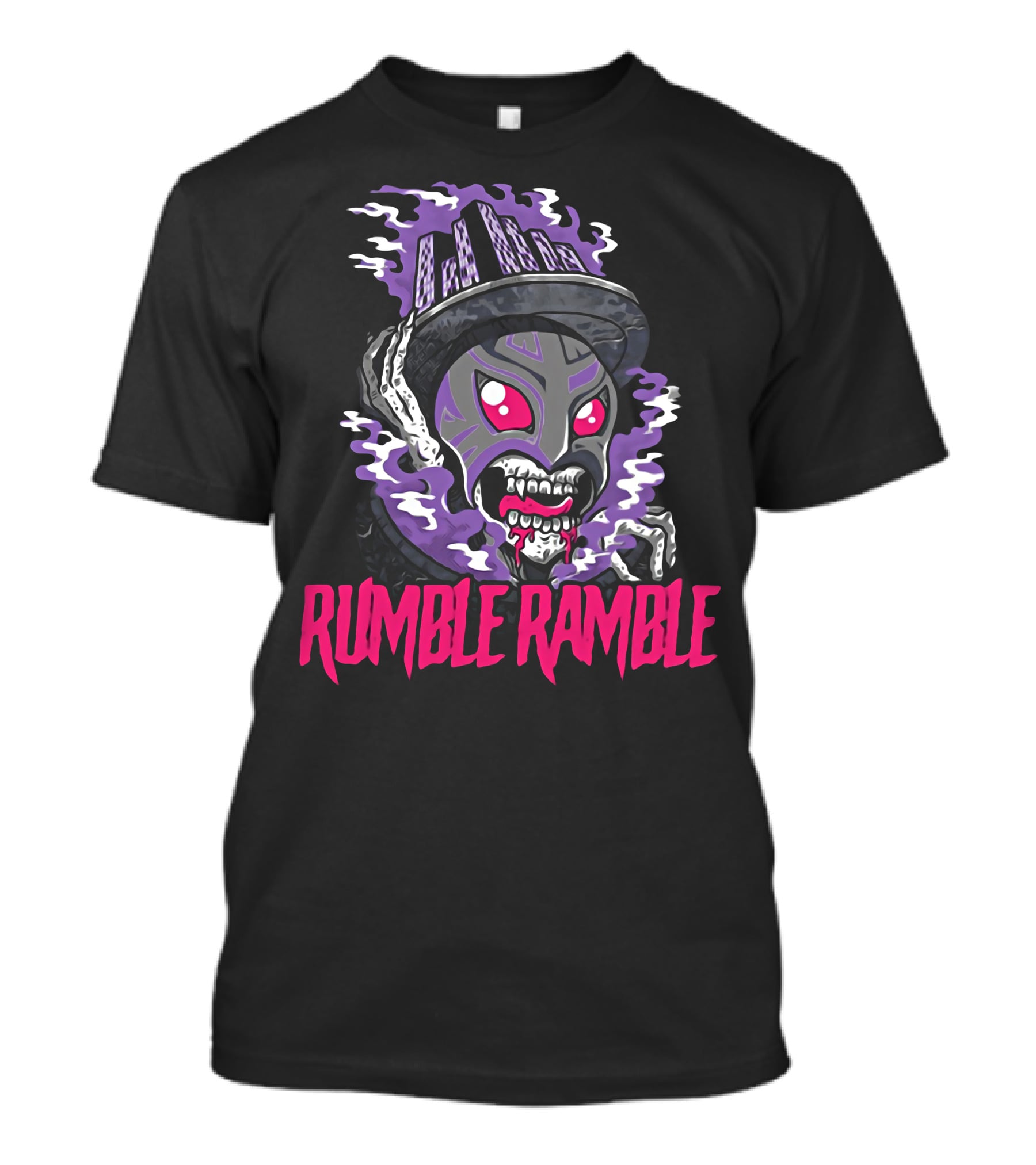 Rumble Ramble Monster In Urban Graffiti Mask With Purple Smoke And Cityscape Hat T-Shirt