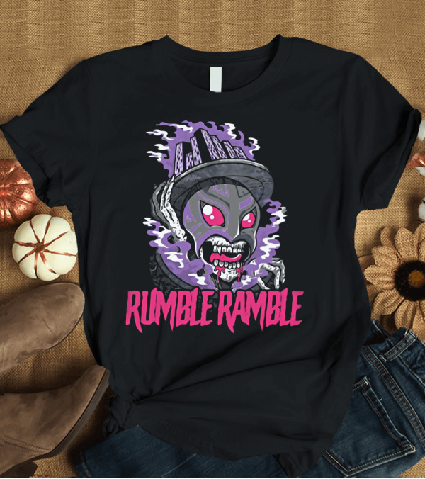T-Shirt: Rumble Ramble Monster in Urban Graffiti Mask with Purple Smoke and Cityscape Hat T-Shirt Rumble Ramble Monster in Urban Graffiti Mask with Purple Smoke and Cityscape Hat T-Shirt