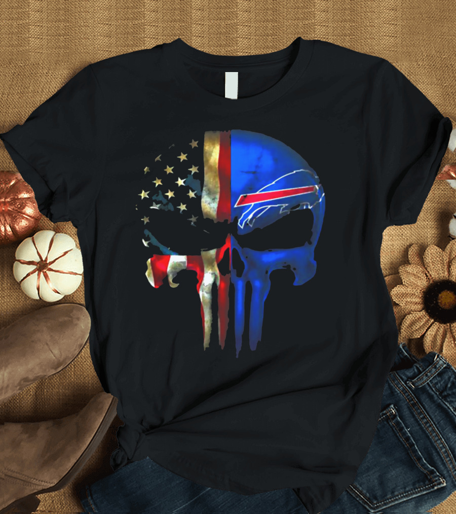 Skull Buffalo Bills American Flag Punisher NFL Logo Stars Stripes T-Shirt