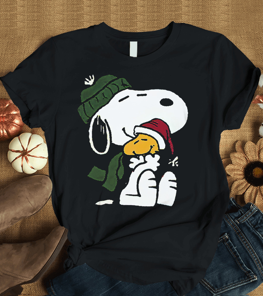 Snoopy Hugging Woodstock Winter Hat Scarf Christmas T-Shirt