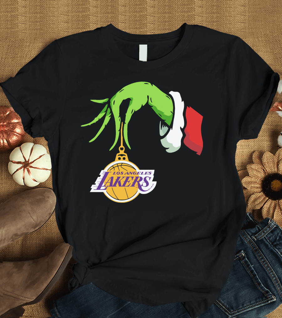 Grinch Hand with Santa Sleeve Holding Los Angeles Lakers T-Shirt