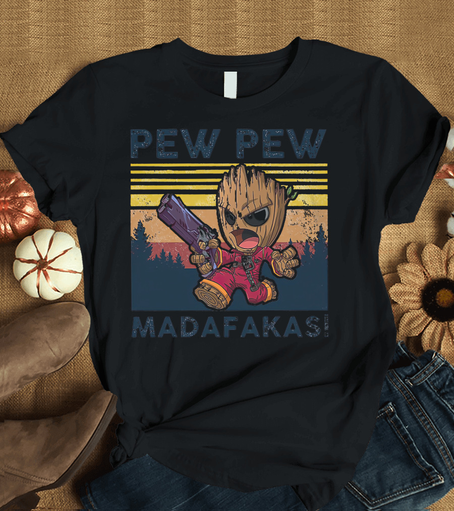 Pew Pew Madafakas Baby Groot Retro Forest Background T-Shirt