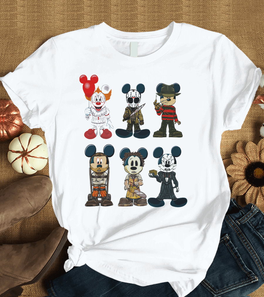 Halloween Horror Characters Mickey Mouse Pennywise Jason Freddy Chucky Leatherface Pinhead T-Shirt