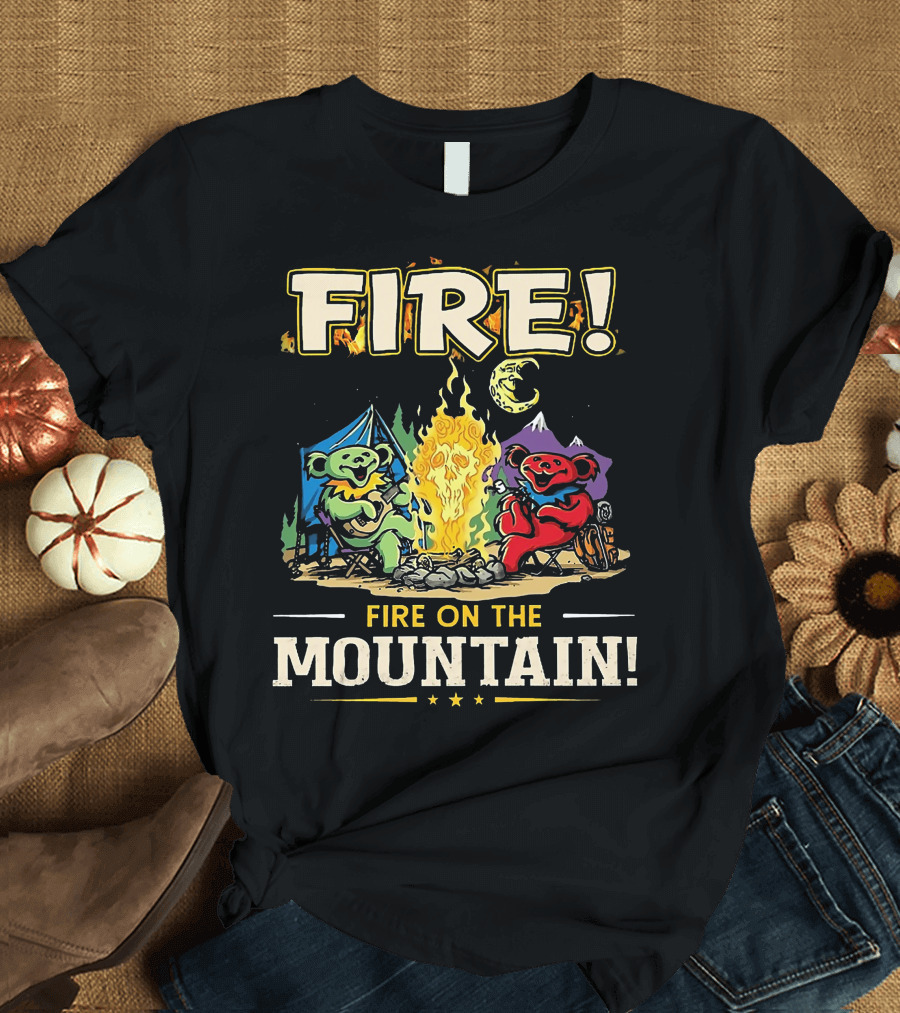 Grateful Dead Fire On The Mountain Camping Bears Campfire Scene T-Shirt
