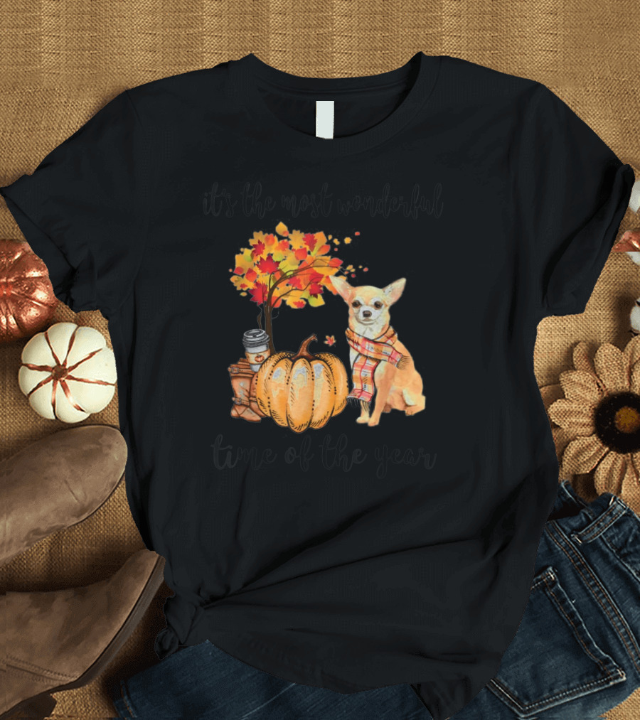 It's the Most Wonderful Time of the Year Chihuahua Autumn Leaves Pumpkin Scarf Coffee T-Shirt