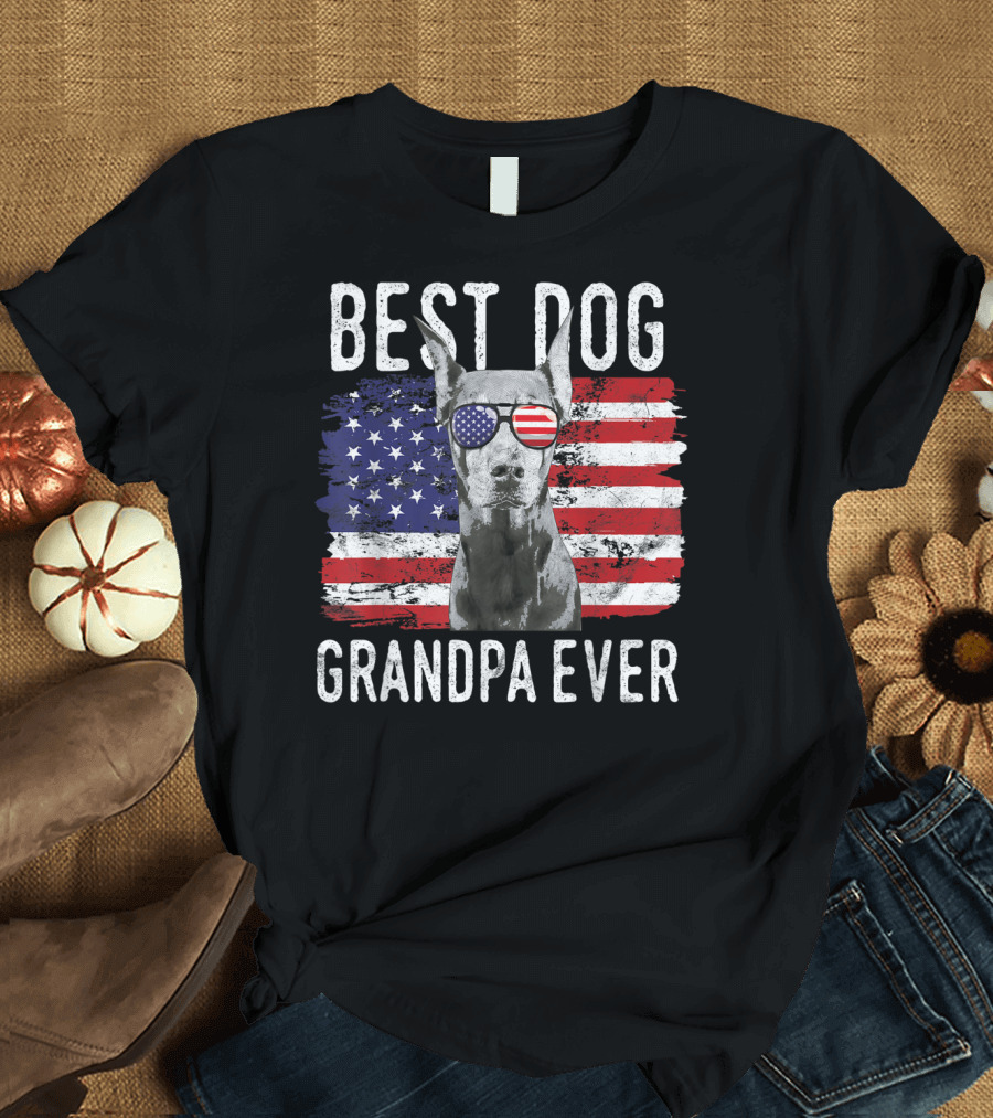 Best Dog Grandpa Ever American Flag Doberman Pinscher USA T-Shirt