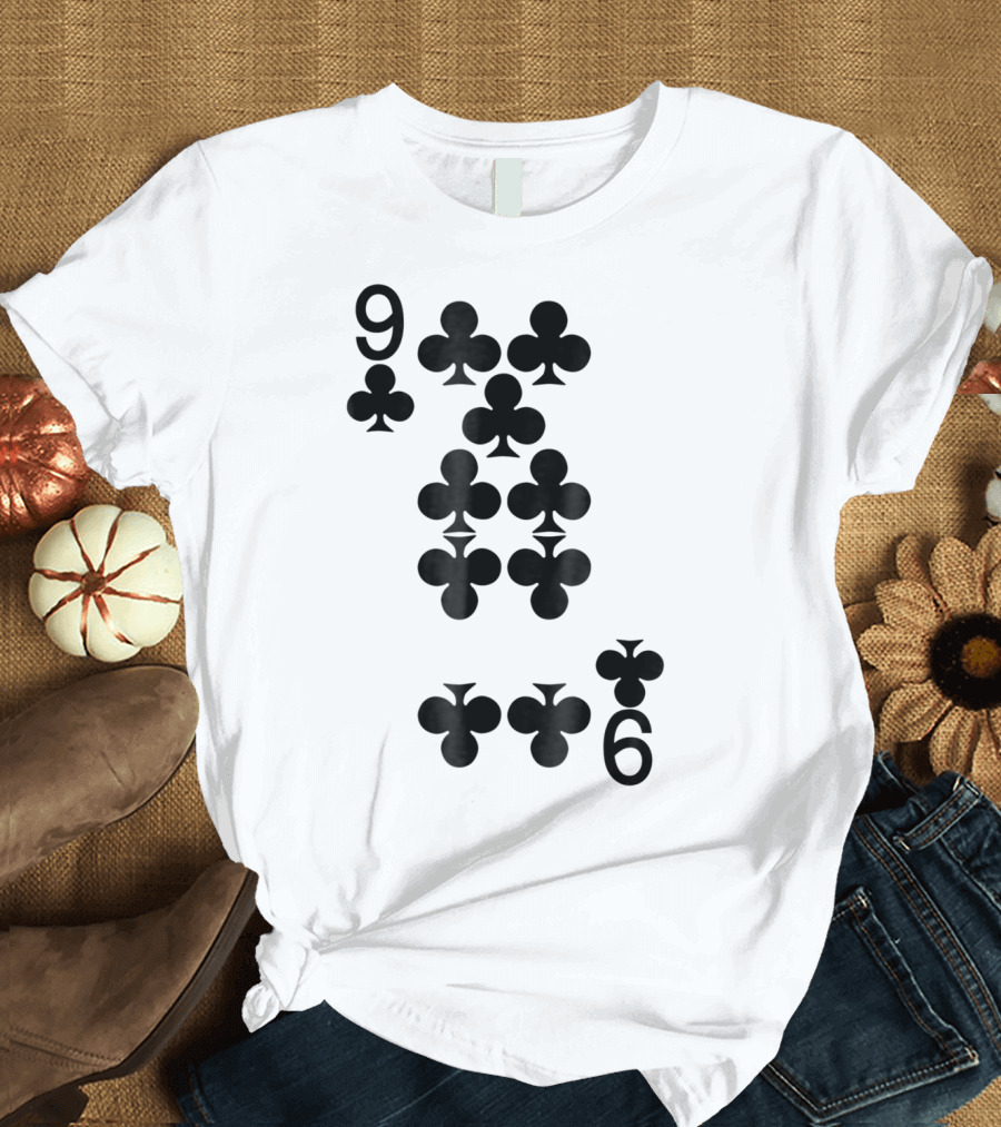 9 of Clubs Playing Card Style Black T-Shirt