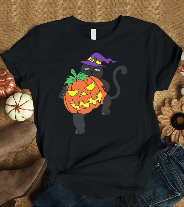 T-Shirt: Black Cat Witch Hat Pumpkin Happy Halloween Scary T-Shirt Black Cat Witch Hat Pumpkin Happy Halloween Scary T-Shirt