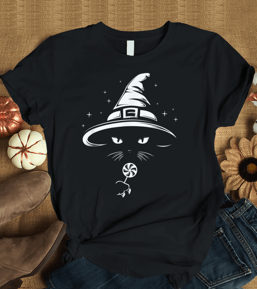 Black Cat Witch Hat Stars Candy T-Shirt