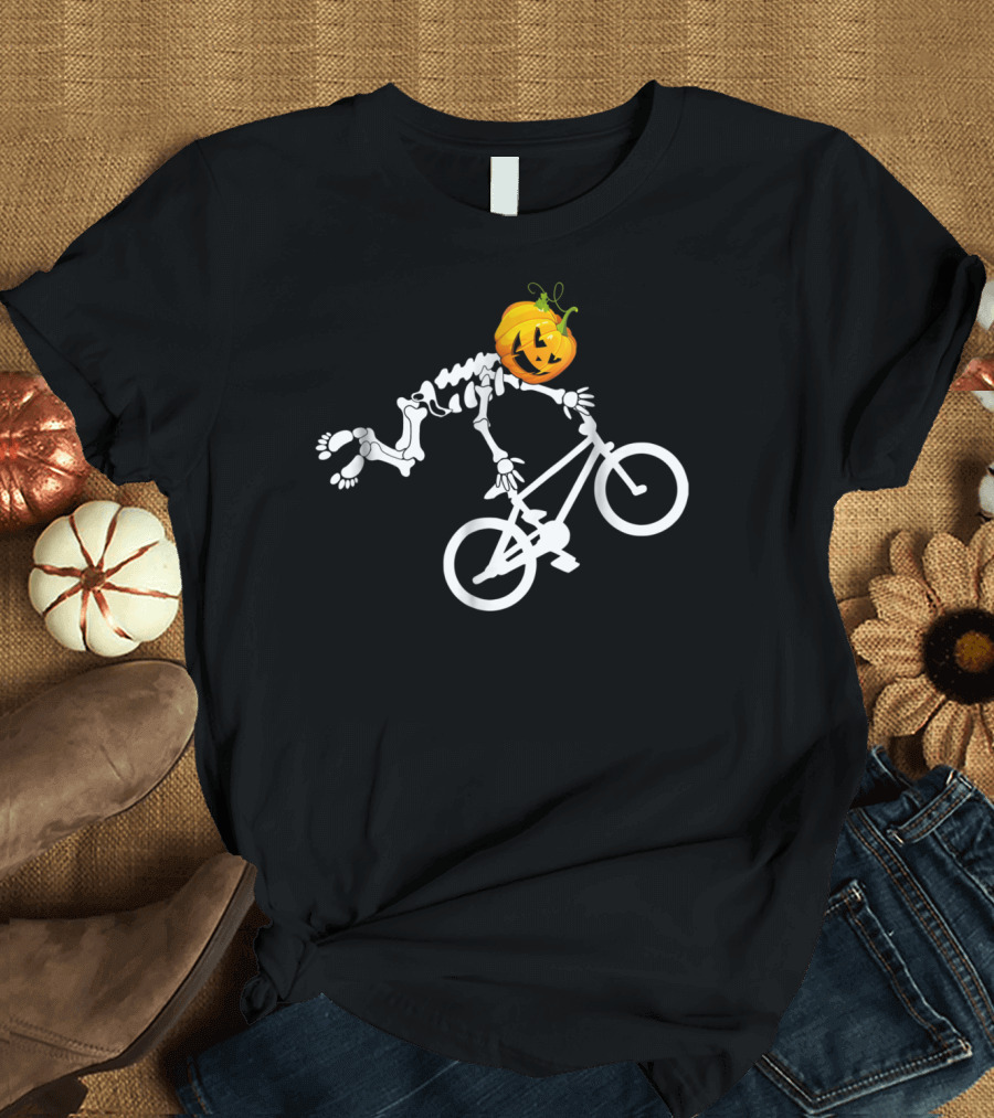 BMX Trick Riding Skeleton Pumpkin Head T-Shirt