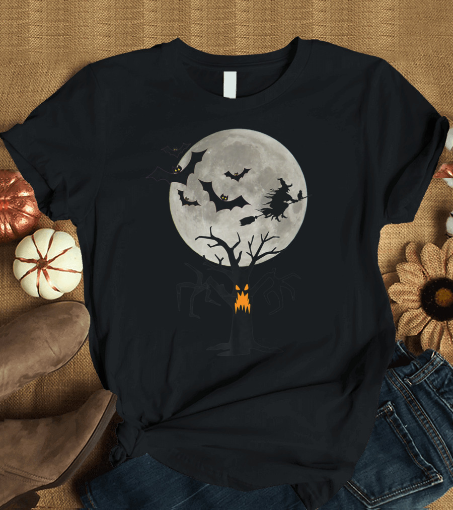 Boo Halloween Full Moon Witch on Broomstick and Spooky Tree with Flying Bats T-Shirt