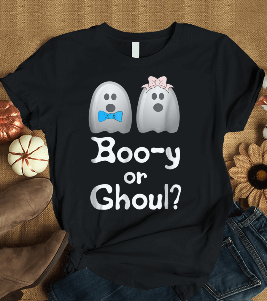 Boo-y or Ghoul? Ghosts with Blue and Pink Bows Halloween Gender Reveal T-Shirt