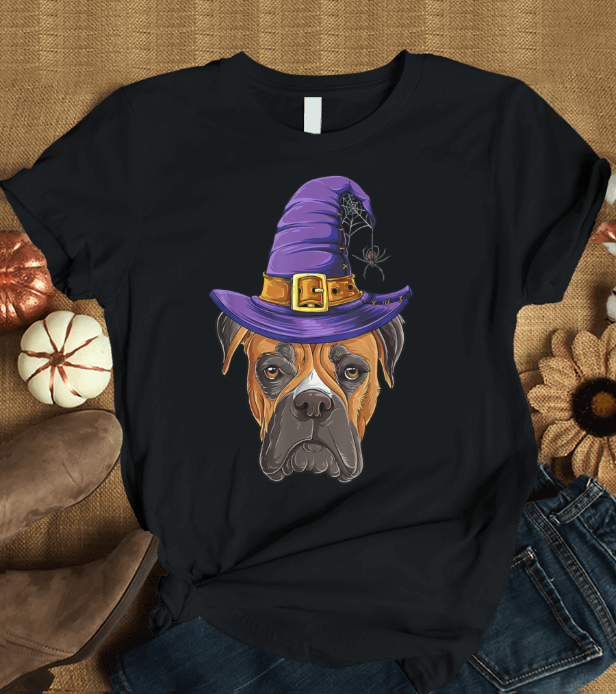 Boxer Dog Witch Hat Halloween T-Shirt