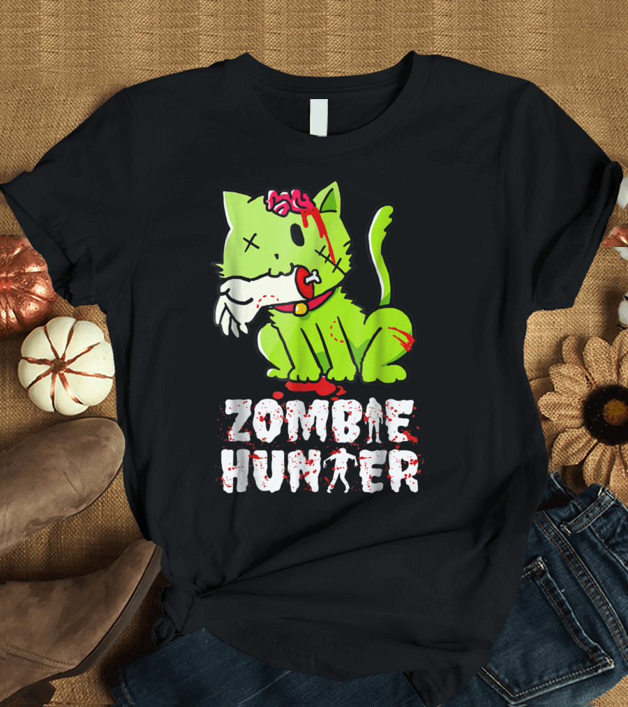 Funny Cat Zombie Hunter Halloween with Zombie Cat T-Shirt
