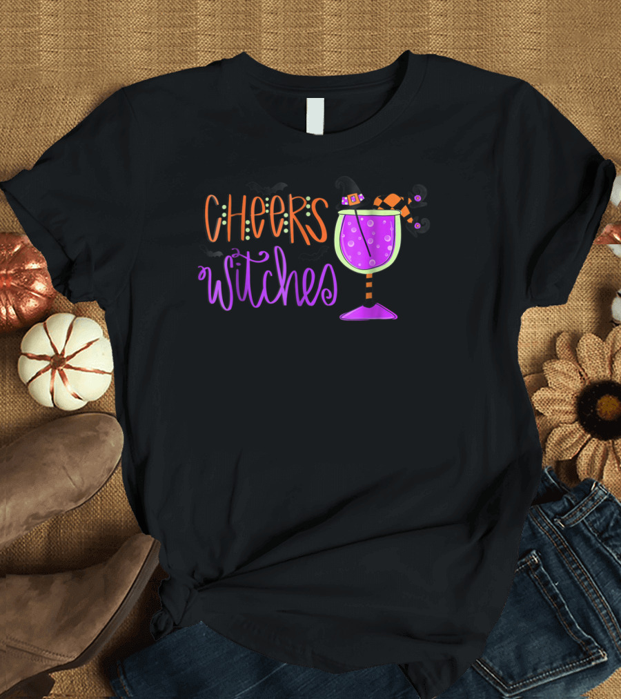 Cheers Witches Fun Witch Hat and Bats with Purple Potion Glass T-Shirt