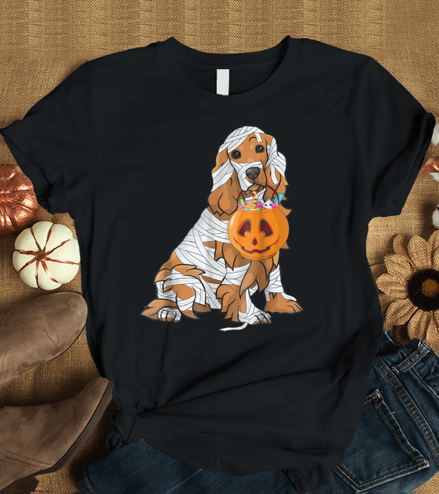 Cocker Spaniel Wrapped as Mummy with Halloween Pumpkin Basket T-Shirt