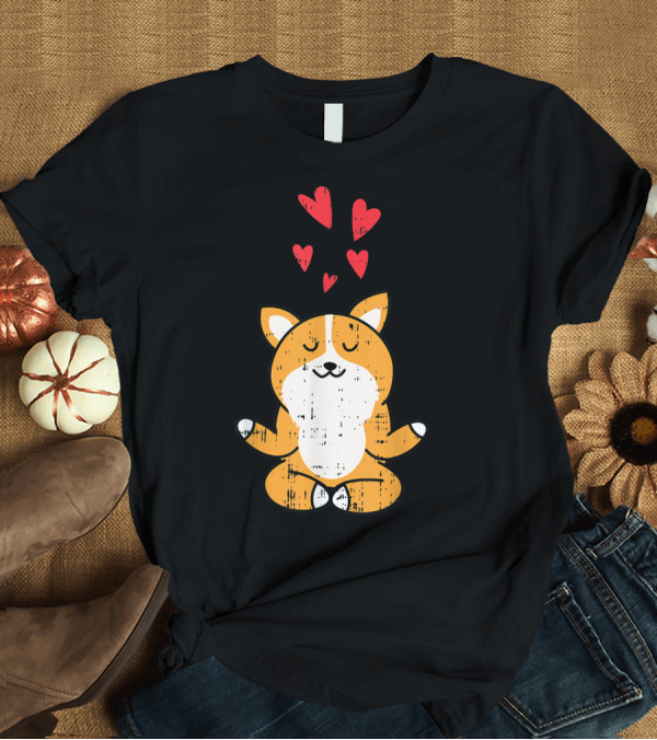 T-Shirt: Corgi Dog Meditating with Hearts Yoga Pose Cute Pet T-Shirt Corgi Dog Meditating with Hearts Yoga Pose Cute Pet T-Shirt