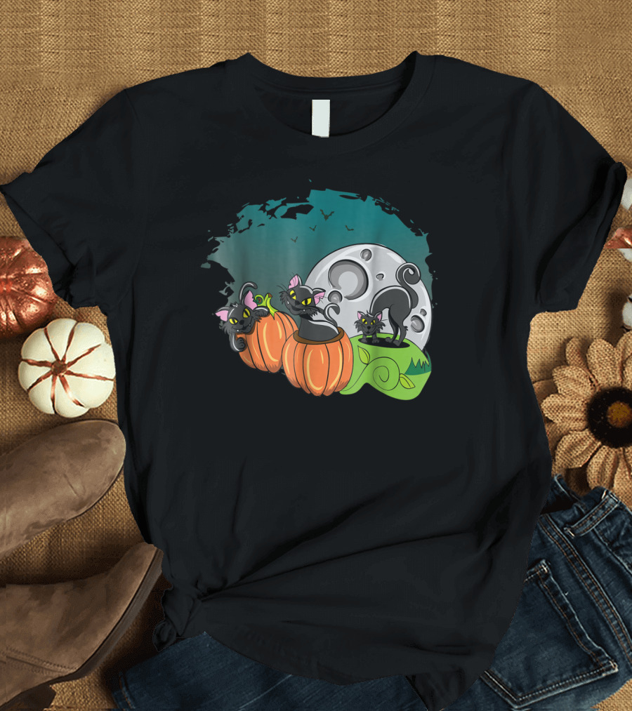 Cute Black Cats and Pumpkins Moonlit Night T-Shirt