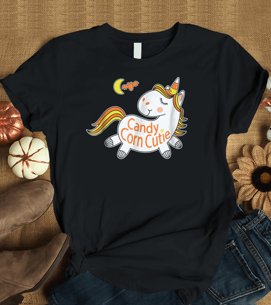 Halloween Candy Corn Cutie Unicorn with Bat and Crescent Moon T-Shirt