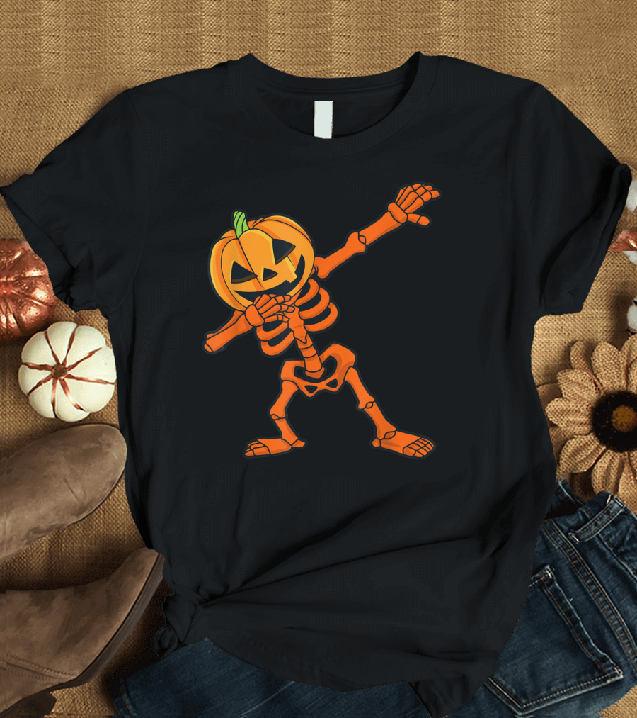Dabbing Skeleton Pumpkin Head Halloween Dab Pose T-Shirt