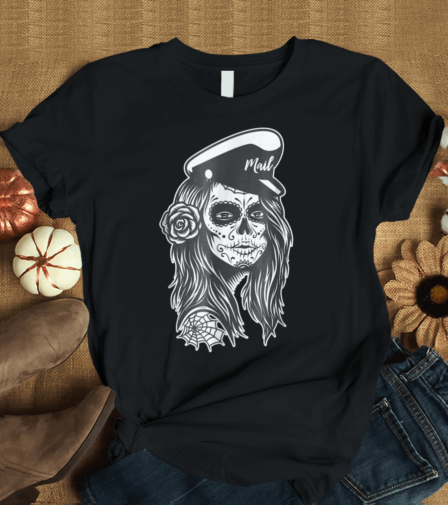 Mailman Halloween Skeleton Sugar Skull with Spider Web and Rose T-Shirt