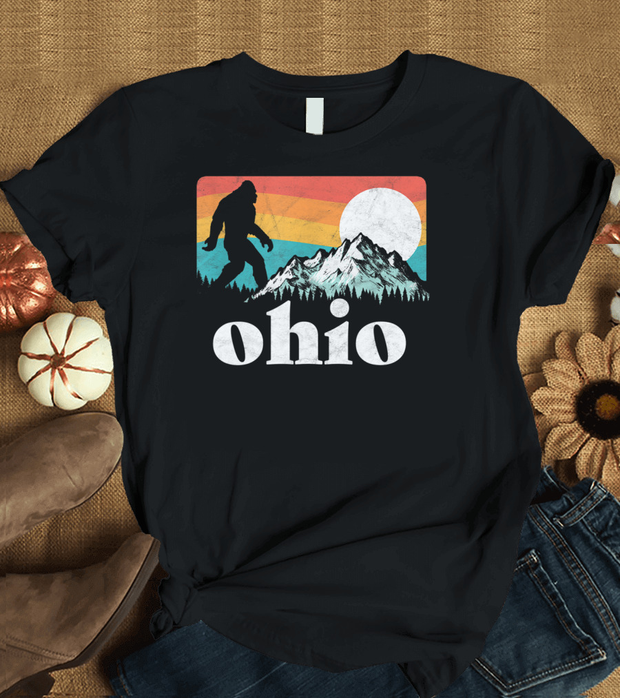 Ohio Bigfoot Mountains Retro Sun T-Shirt