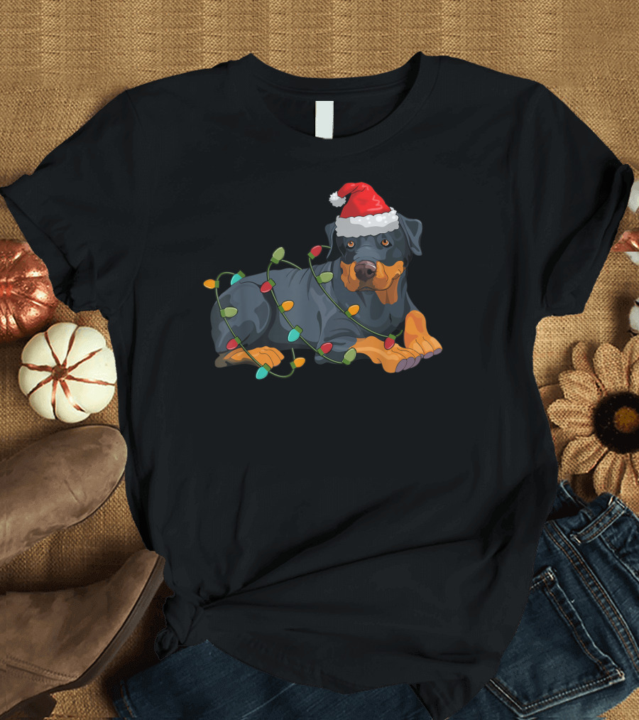 Rotwiller Christmas Lights Santa Hat T-Shirt