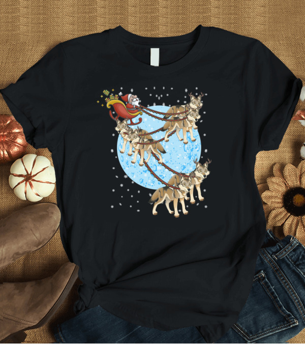 T-Shirt: Santa Riding Wolf Pack Sleigh Under Full Moon T-Shirt Santa Riding Wolf Pack Sleigh Under Full Moon T-Shirt