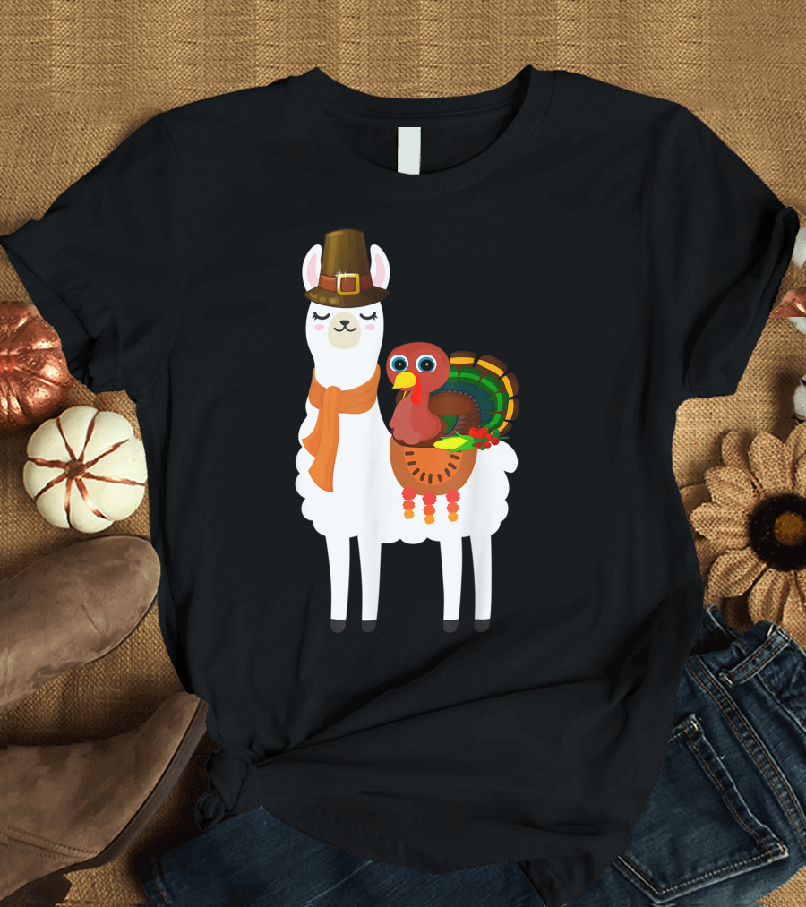 Thanksgiving Turkey with Pilgrim Hat on Llama T-Shirt