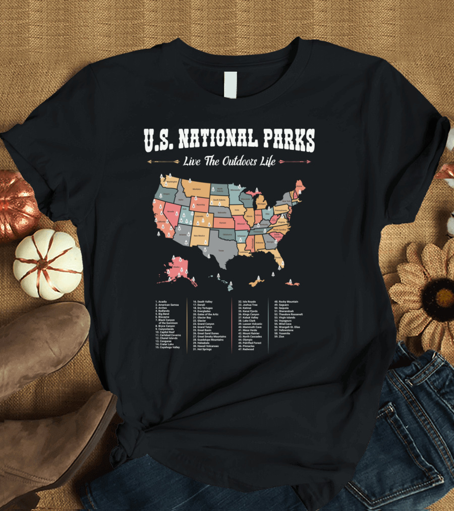 U.S. National Parks Map Live the Outdoors Life All 59 Hiking Camping List T-Shirt