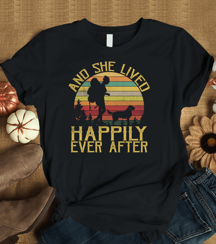And She Lived Happily Ever After Camping Dog Vintage Sunset Forest T-Shirt