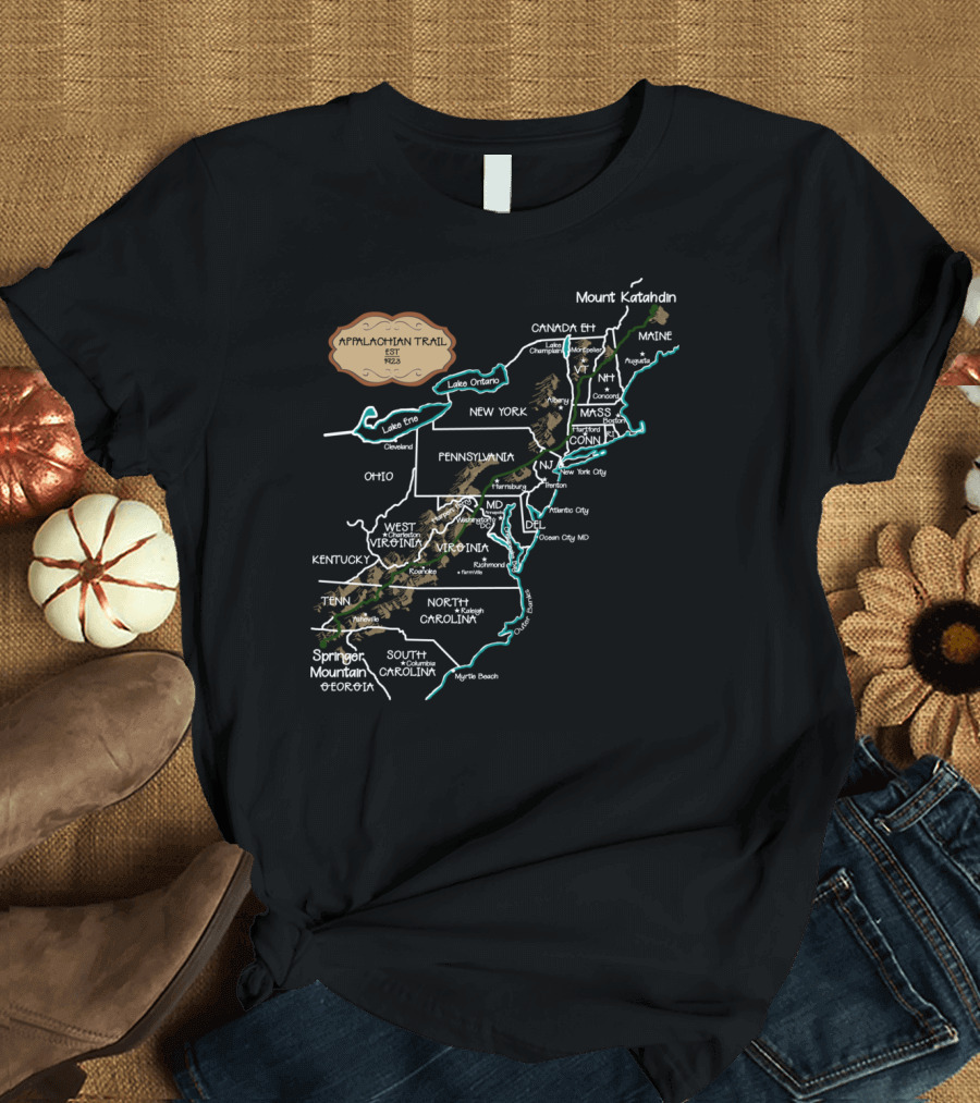 Appalachian Trail Map Drawing with State Route Details from Springer Mountain Georgia to Mount Katahdin T-Shirt