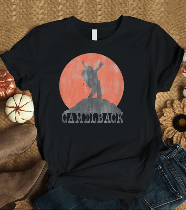T-Shirt: Camelback Mountain Hiker Silhouette Against Orange Circle T-Shirt Camelback Mountain Hiker Silhouette Against Orange Circle T-Shirt