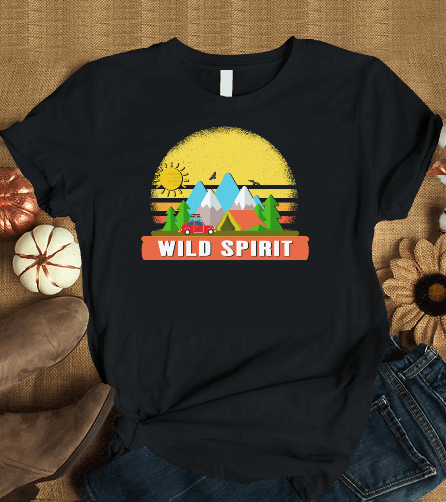 Wild Spirit Happy Camper Travel Mountains Hiking Camping Adventure T-Shirt