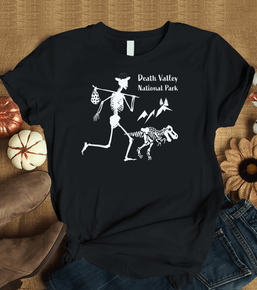 Death Valley National Park Skeleton with Dinosaur Bones and Mountains T-Shirt