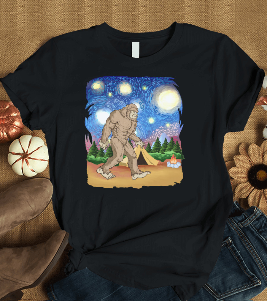 Bigfoot Walking Under Van Gogh Starry Night Camping Scene T-Shirt