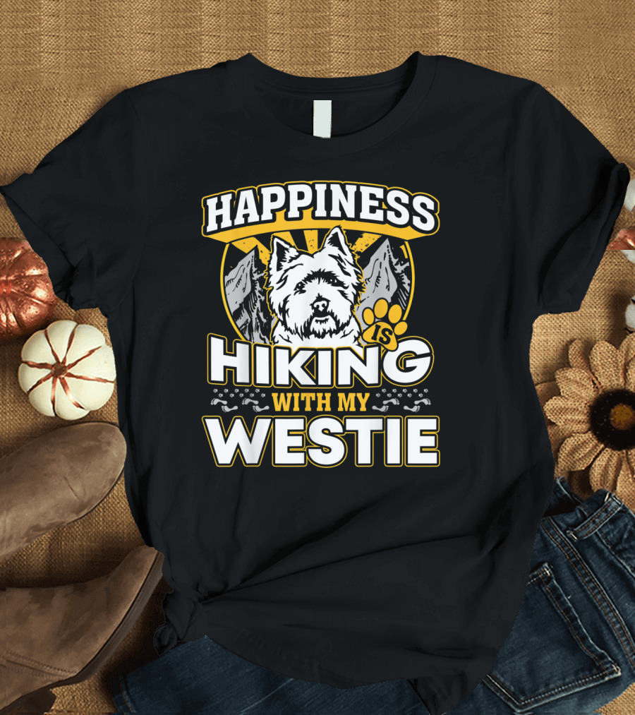 Happiness Is Hiking With My Westie Mountains and Pawprint T-Shirt