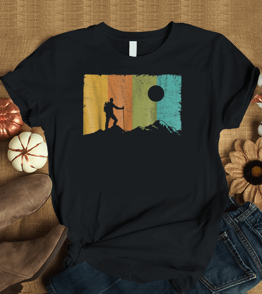 Hiker Hiking Is My Happy Place Adventure Retro Sunset Mountain T-Shirt