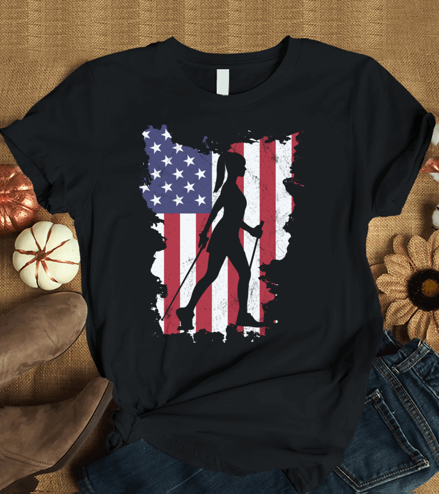 Hiking Nordic Walking USA Flag 4th of July Patriotic Outdoor Adventure T-Shirt