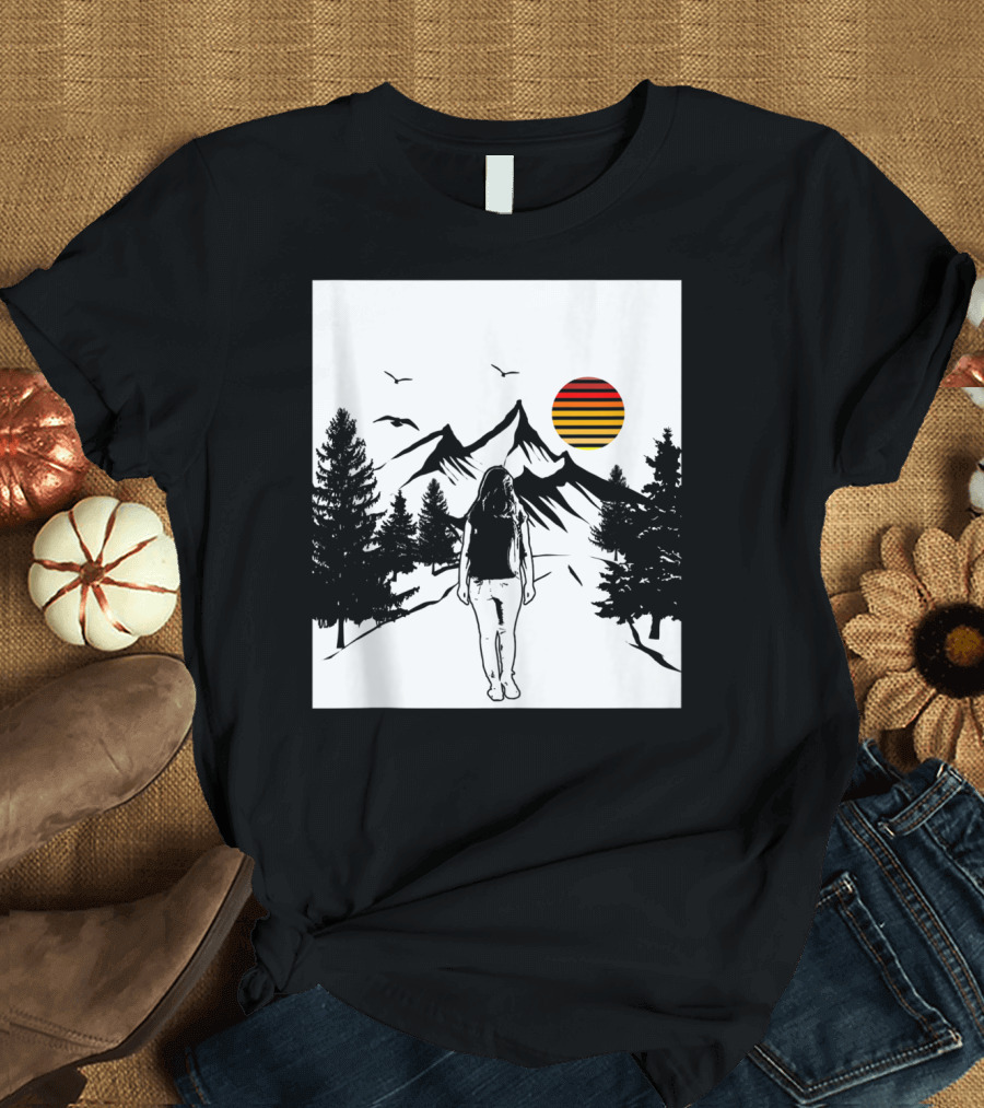 Hiking Path Sunset Woman Mountains Trees Outdoors Scene T-Shirt