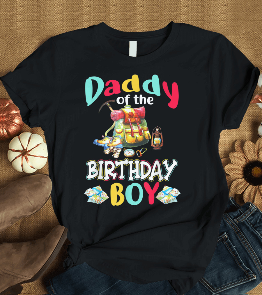 Daddy of the Birthday Boy Hiking Theme Matching Backpack and Boots T-Shirt