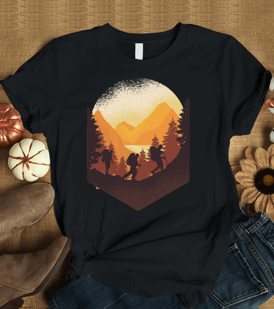 Hiking Sunset Silhouette with Mountain and Forest Scene T-Shirt