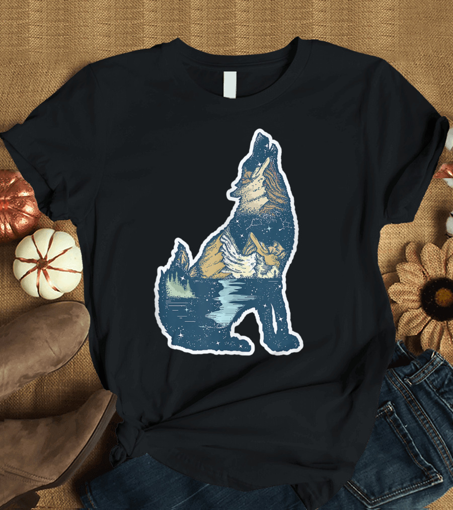 Howling Wolf Mountains Camping Travel Hiking Lake Night Sky T-Shirt