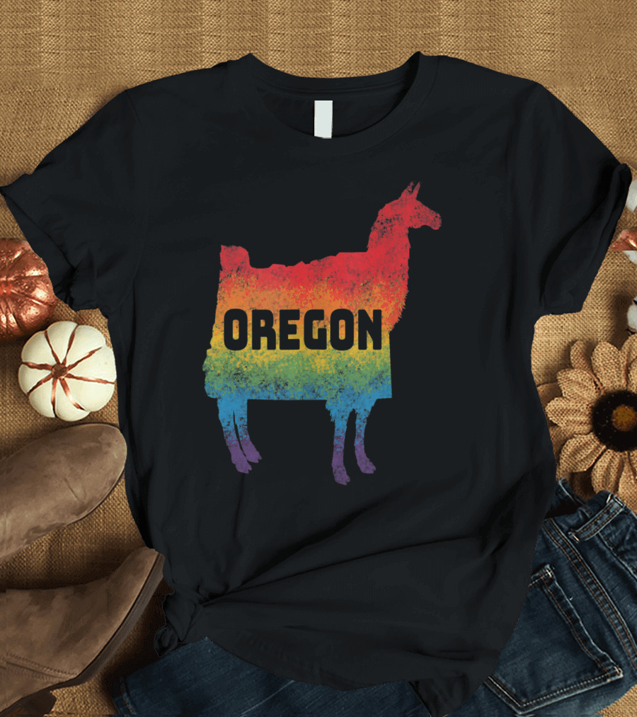 Llama Silhouette with Oregon Text in Rainbow Colors T-Shirt